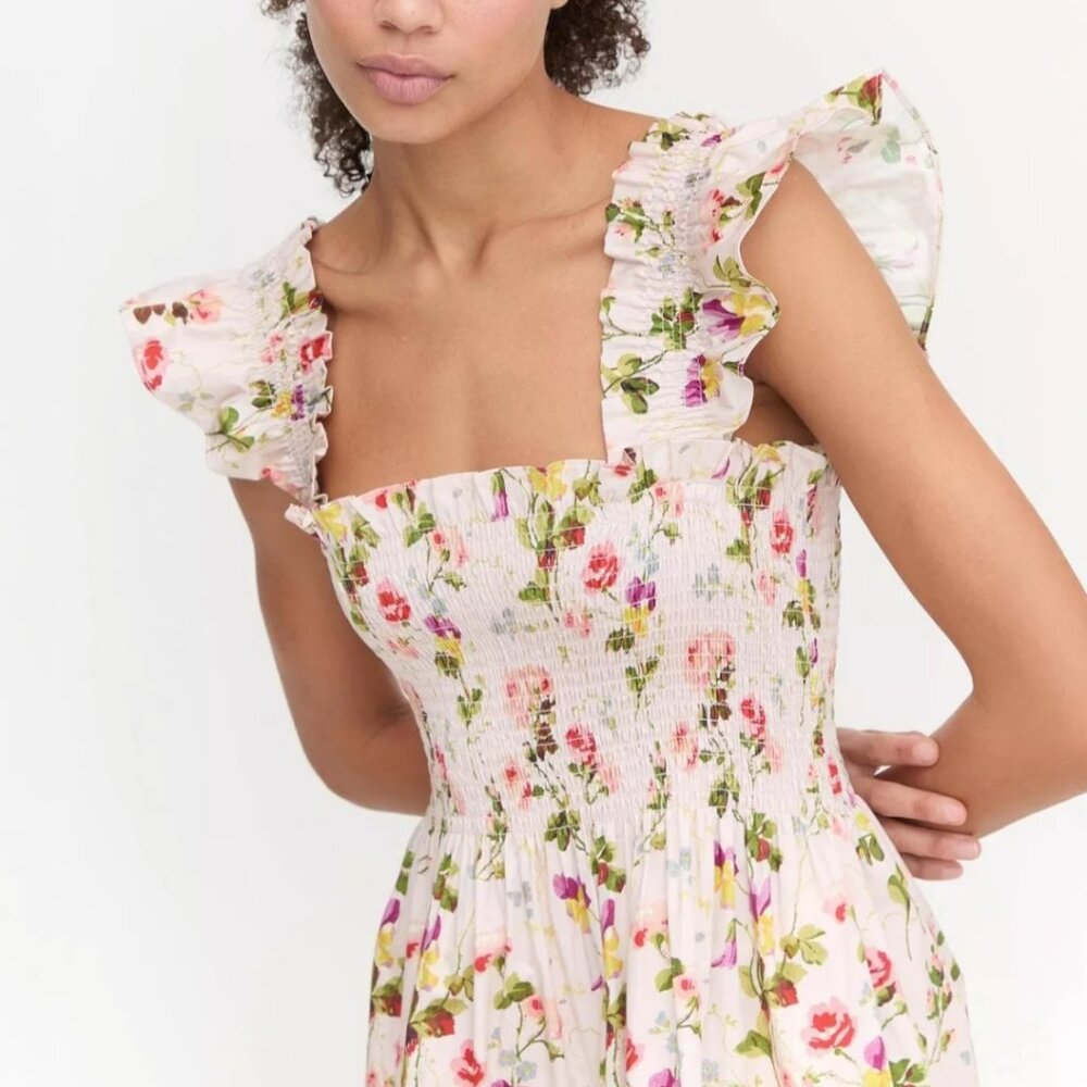 Hill House White Floral Midi Dress with Pink & Green Accents